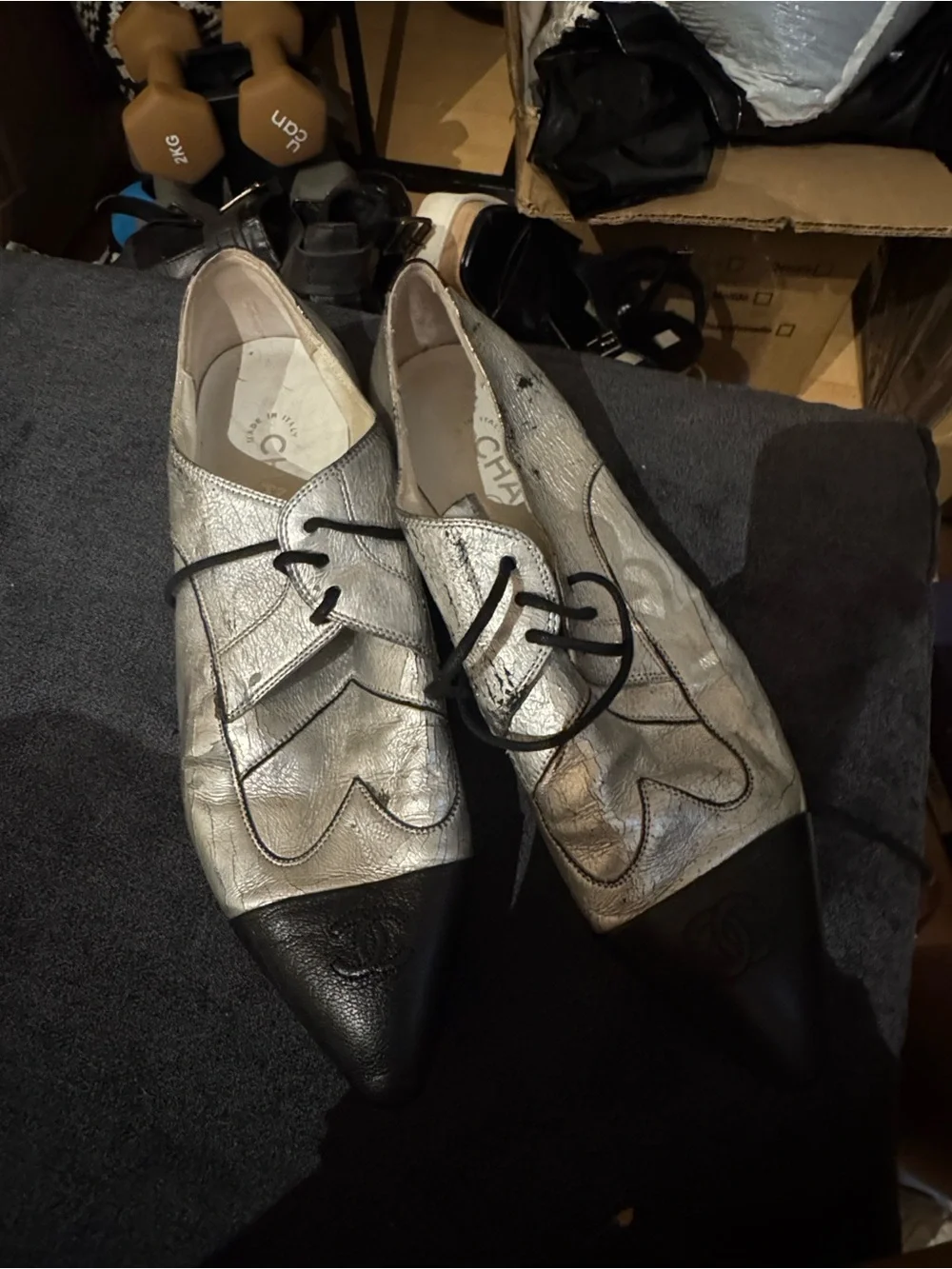 CHANEL Silver Leather Pointed Lace-Up Flats with Black Toe Caps